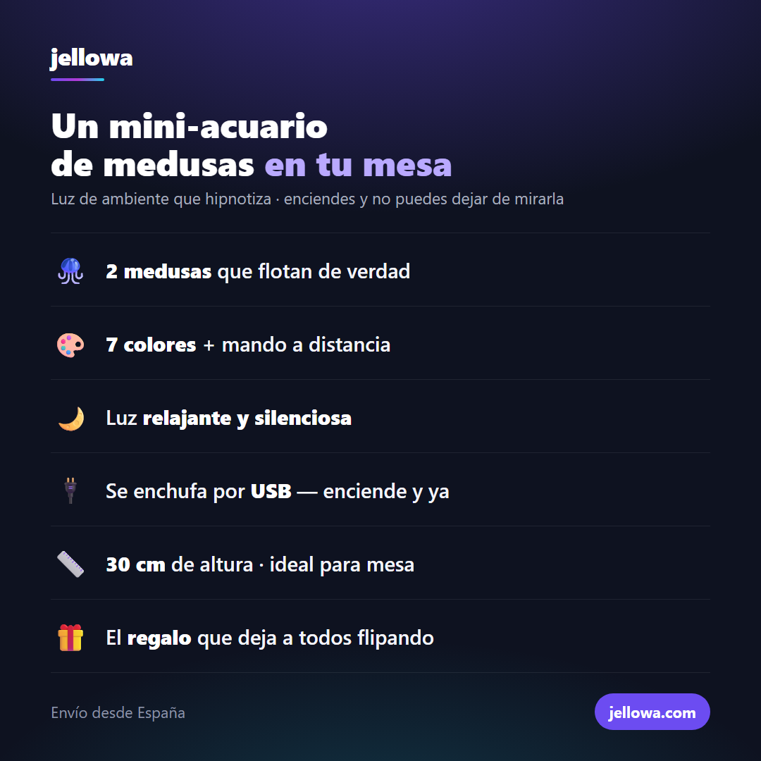 Infografía Jellowa: 2 medusas, 7 colores con mando, USB y 30 cm de altura