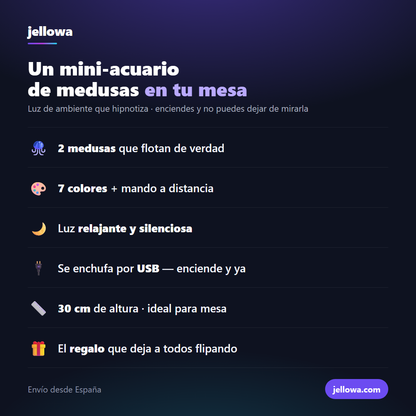 Infografía Jellowa: 2 medusas, 7 colores con mando, USB y 30 cm de altura