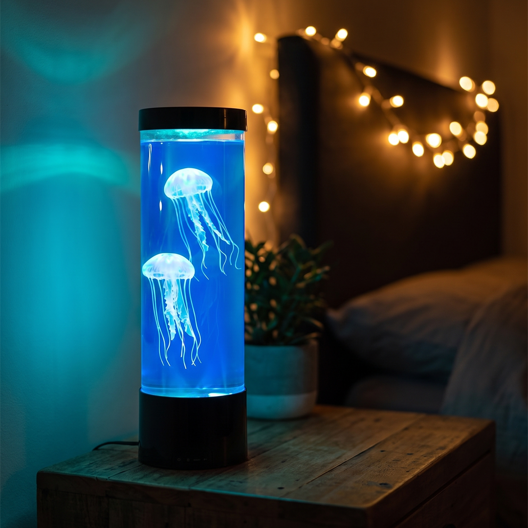 Lámpara de medusas Jellowa encendida en una mesita de noche en un dormitorio