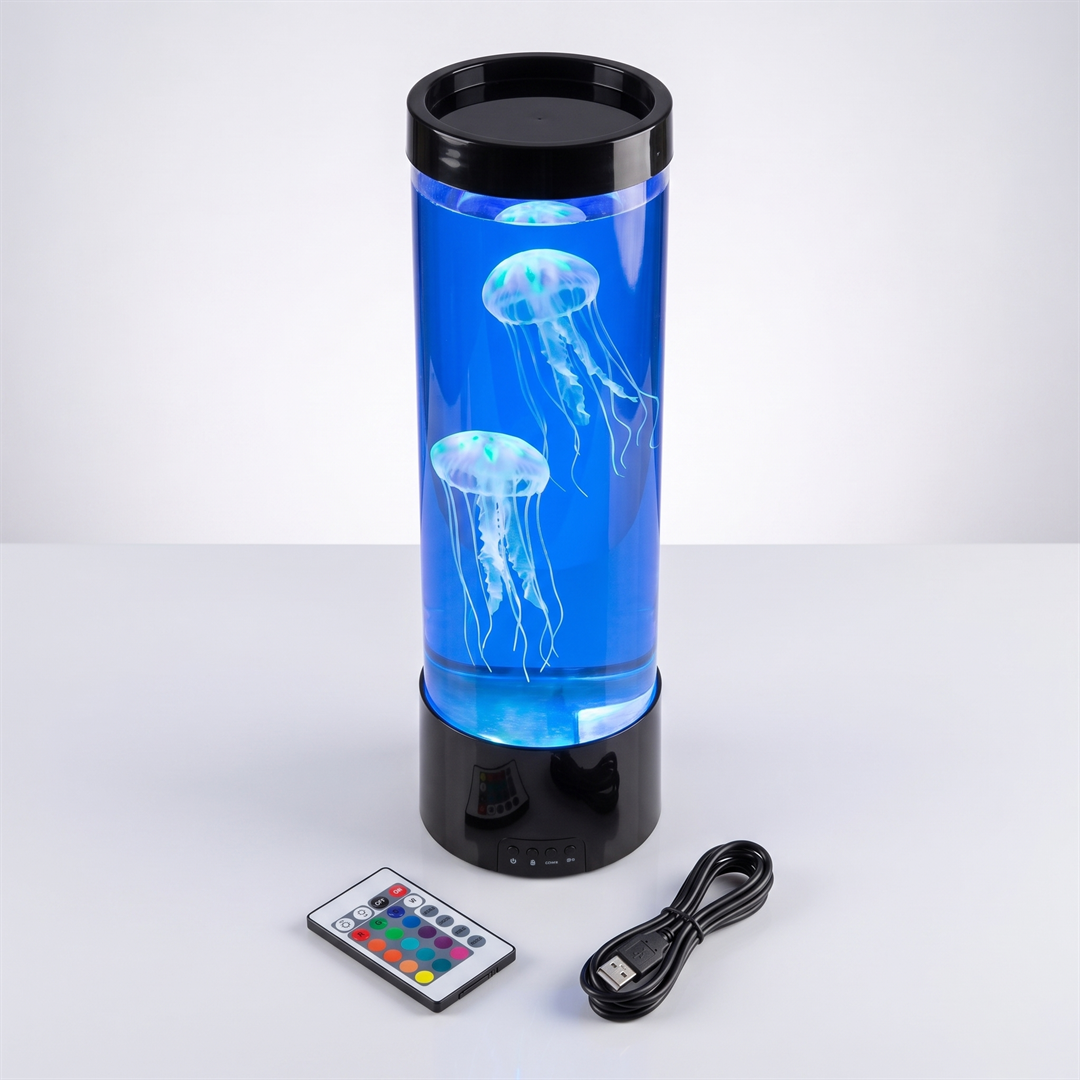 Contenido de la caja: lámpara de medusas Jellowa, mando a distancia y cable USB